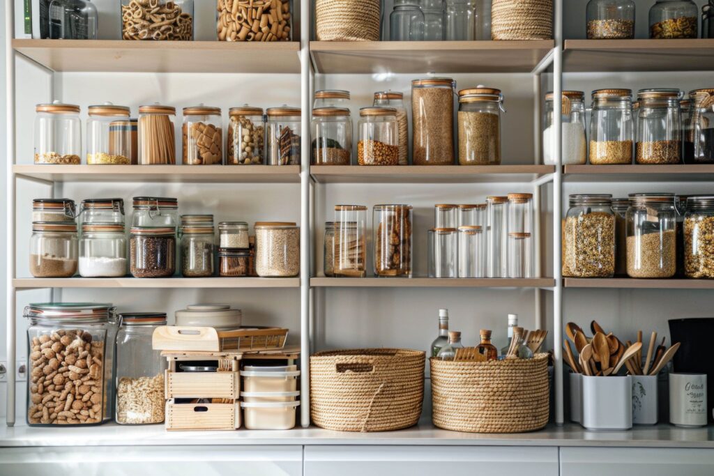 konyha és kamra, üveg tárolódobozok, műanyag tárolók, fa tárolók, kosarak